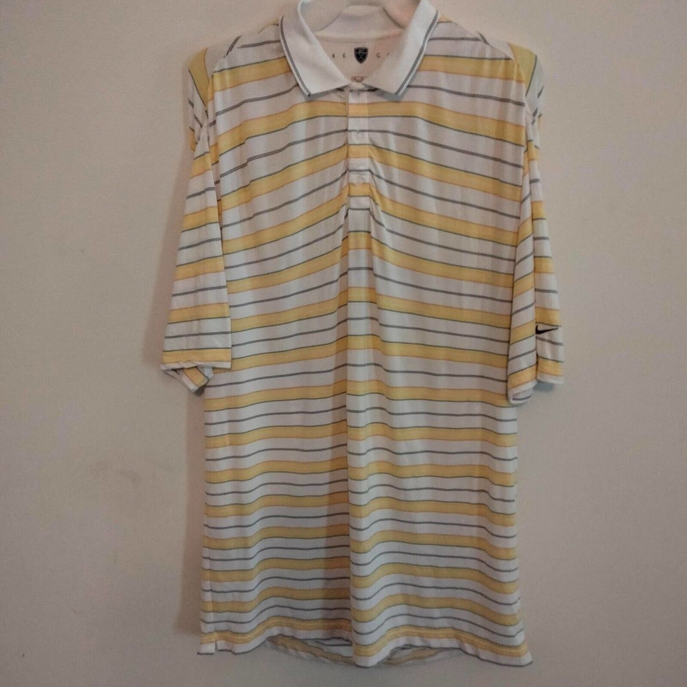 Nike Golf Style Yellow -White- & Multi-Color Striped Dri Fit Polo Shirt Xl